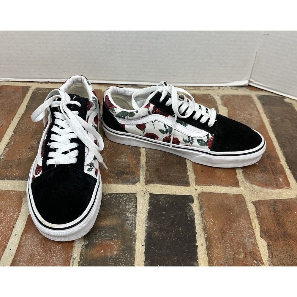 Van Old Skool Red Rose Sneaker Floral Canvas Black Suede Low Top Shoes Women 8.5 - Picture 3 of 8